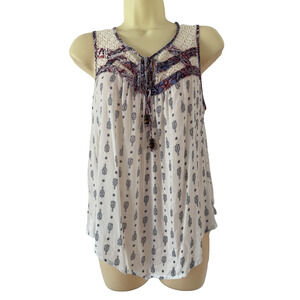 JOLT Boho Flowy Sleeveless Blouse Women Size Medium Lace Beaded Tie Festival